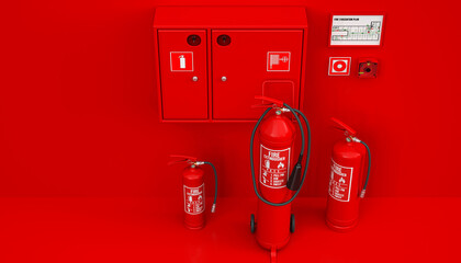 Fire safety equipment with extinguishers, hose cabinet, and evacuation plan on red wall - 3D rendering