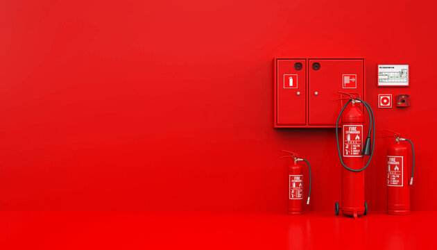 Fire safety equipment with extinguishers, hose cabinet, and evacuation plan on red wall - 3D rendering