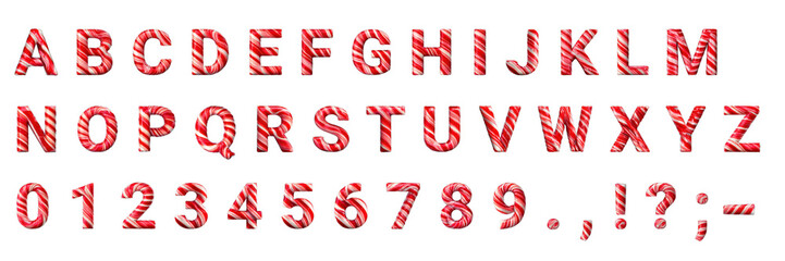 3D candy cane alphabet, numbers, and punctuation set on a transparent background. Ideal for holiday marketing, festive designs, and sweet-themed projects.