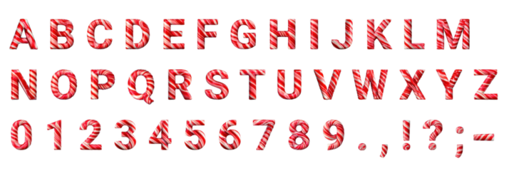 3D candy cane alphabet, numbers, and punctuation set on a transparent background. Ideal for holiday marketing, festive designs, and sweet-themed projects.
