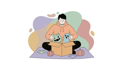 Young person unboxing fun Halloween monster ghost and pumpkin decorations Festive autumn