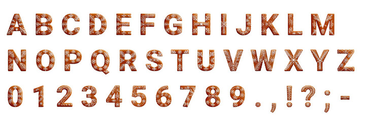 Fototapeta premium Complete gingerbread cookie alphabet, numbers, and punctuation set with white icing snowflake decorations. Perfect for holiday themes.