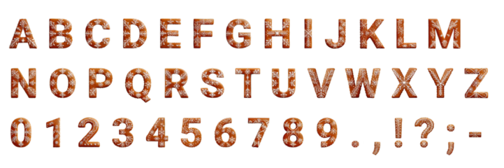 Complete gingerbread cookie alphabet, numbers, and punctuation set with white icing snowflake decorations. Perfect for holiday themes.