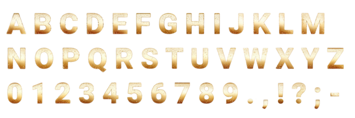 A complete set of golden, effervescent alphabet, numbers, and symbols, resembling sparkling beverage bubbles, isolated 