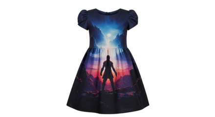 A line dress with a warrior and landscape design on white background , transparent png