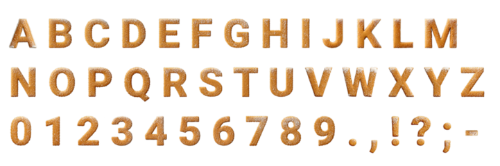 Delicious baked cookie font featuring uppercase alphabet, numbers, and punctuation marks, sprinkled with sugar