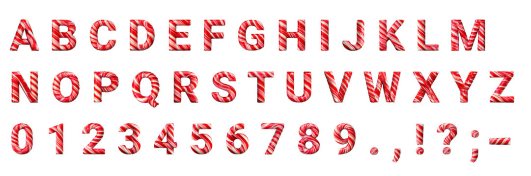 3D candy cane alphabet, numbers, and punctuation set on a transparent background. Ideal for holiday marketing, festive designs, and sweet-themed projects. - Powered by Adobe