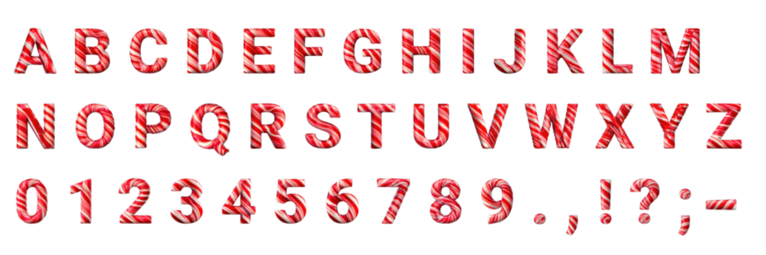 3D candy cane alphabet, numbers, and punctuation set on a transparent background. Ideal for holiday marketing, festive designs, and sweet-themed projects.