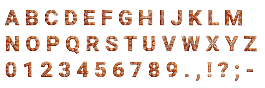 Complete gingerbread cookie alphabet, numbers, and punctuation set with white icing snowflake decorations. Perfect for holiday themes.