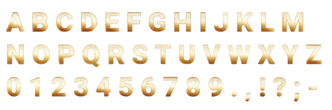 A complete set of golden, effervescent alphabet, numbers, and symbols, resembling sparkling beverage bubbles, isolated 
