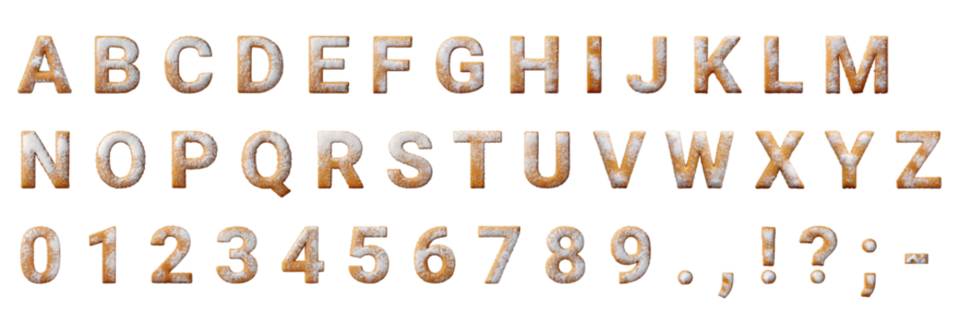 Golden brown cookie alphabet, numbers, and punctuation, dusted with white powdered sugar