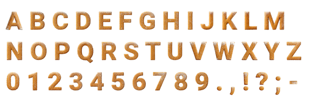 Delicious baked cookie font featuring uppercase alphabet, numbers, and punctuation marks, sprinkled with sugar
