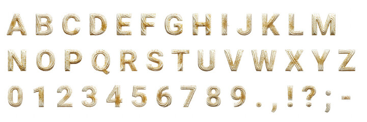 Delicious 3D cream and gold sprinkle alphabet, numbers, and punctuation set on transparent. Perfect for sweet designs, birthdays, and celebrations.