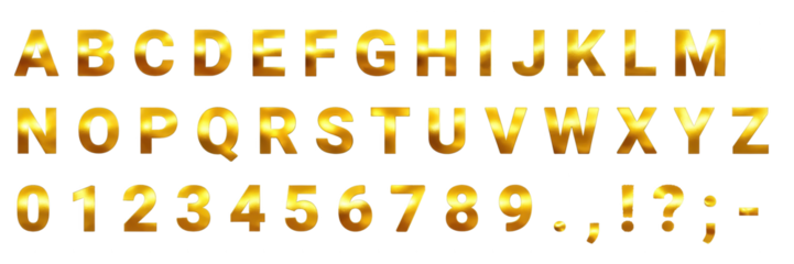 Shiny golden alphabet letters, numbers, and punctuation. Ideal for luxury branding, headlines, or elegant digital design.