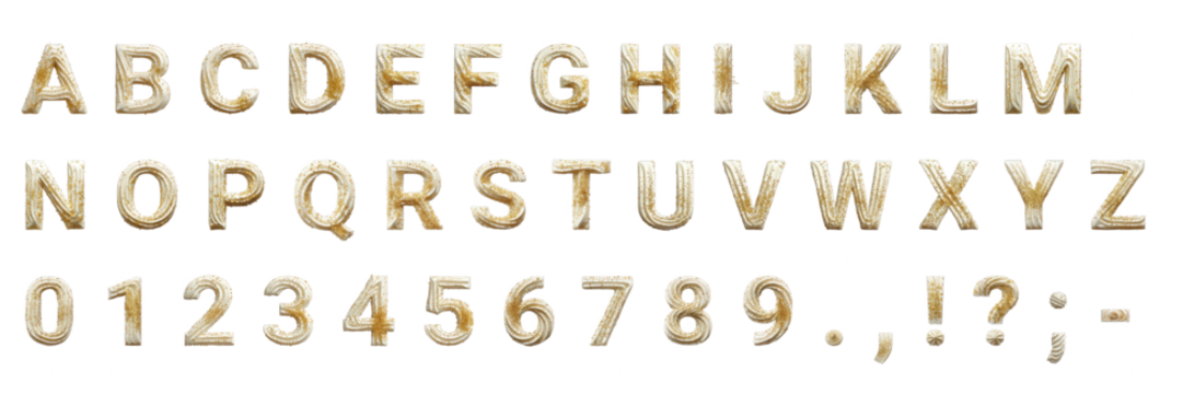 Delicious 3D cream and gold sprinkle alphabet, numbers, and punctuation set on transparent. Perfect for sweet designs, birthdays, and celebrations.
