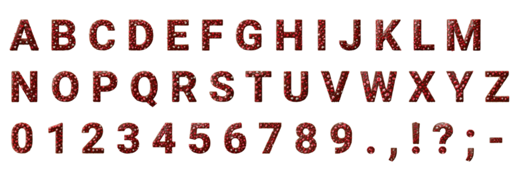 A complete chocolate alphabet, numbers, and punctuation adorned with festive red and white sprinkles on a transparent background, ideal for sweet and celebratory designs.