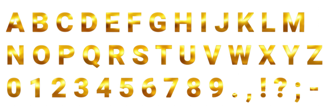 Shiny golden alphabet letters, numbers, and punctuation. Ideal for luxury branding, headlines, or elegant digital design.