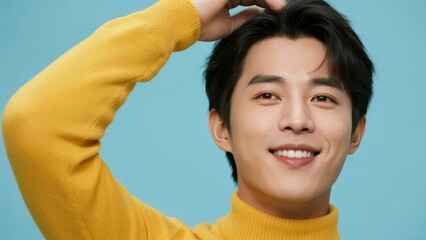 A young man in a yellow turtleneck sweater smiles while adjusting his hair against a light blue background.