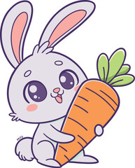 Adorable Cartoon Bunny with Big Eyes and Floppy Ears Hugging a Carrot Vector Art