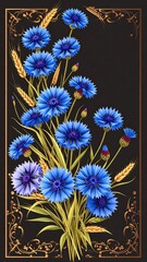 Detailed floral bouquet of cornflowers and wheat