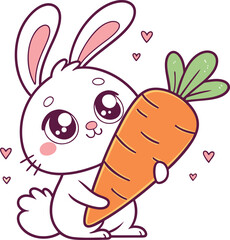 Adorable Cartoon Bunny with Big Eyes and Floppy Ears Hugging a Carrot Vector Art
