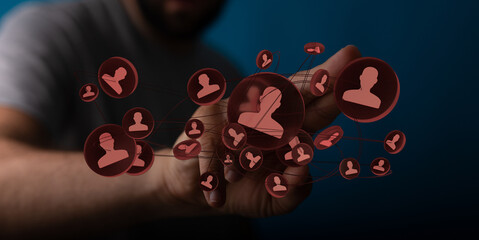 Man touching a network connection structure. Concept for online communication or social media networking technology. Connecting people globally.