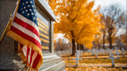 Veterans Day. Flag and monument. An American flag flutters in the wind near a granite monument. The backdrop is an autumn park with golden leaves and rows of white crosses.