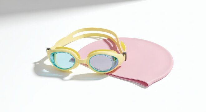 A stylish set of swimming equipment with a pink silicone cap and yellow goggles with iridescent lenses, ready for the pool on a white background