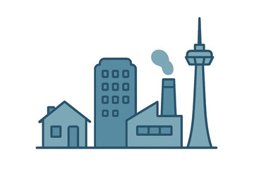 Stylized urban landscape showing residential, commercial, and industrial buildings with a tall tower