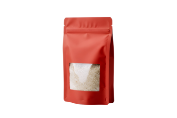 Red resealable stand up pouch with clear window for food packaging isolated on transparent background