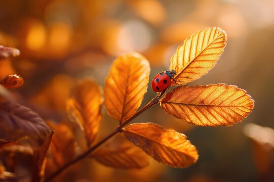Ladybug resting on autumn leaves in golden sunlight