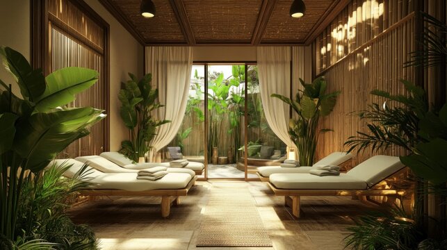 Relaxation spa room with chaise lounges and plants