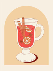Vector illustration of mulled wine in glass with orange slices, cinnamon sticks and star anise. Cozy warm winter drink for Christmas and holiday design.