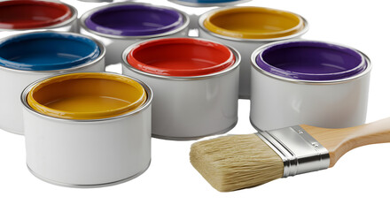 Realistic Paint Cans and Brush with Assorted Colors Isolated