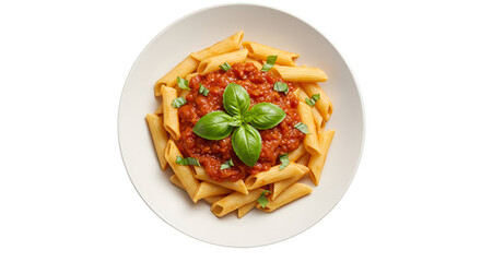 Realistic pasta dish with tomato sauce and basil on white plate
