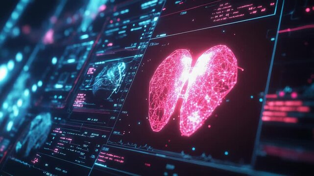 Red digital lungs on a futuristic medical screen - Powered by Adobe