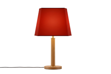 A modern brass table lamp with a vibrant red lampshade isolated on transparent background