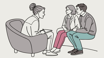 Couple in therapy session with counselor illustration mental health relationship advice marriage counseling psychologist therapist consultation support discussion problem solving commu.