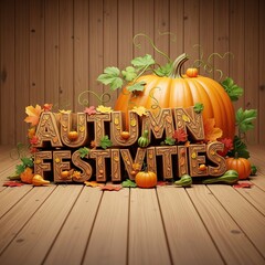 Autumn festivities text with pumpkins and fall leaves on wood no logo use
