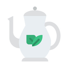 A simple white teapot with green leaf design on a transparent background representing tea and beverages