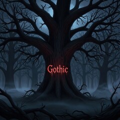 Spooky gothic forest with a large, gnarled tree and mist no logo use