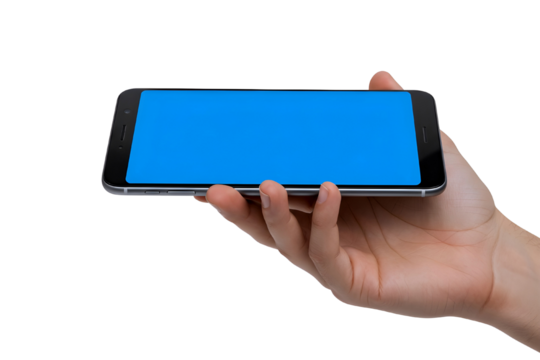 Hand holding a modern smartphone with a bright blue screen isolated on transparent background