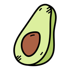 A single green avocado half with a brown pit sliced in half showing its texture with a black outline on a transparent white background