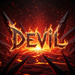 Fiery text devil with demonic horns and lava background no logo use
