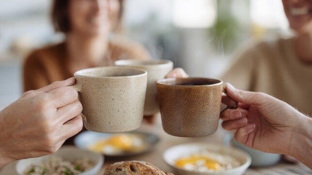 Joyful gathering of friends toasting with coffee mugs around a breakfast table