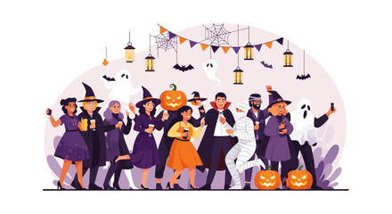 Obraz premium Halloween Party Festive Crowd in Costume Celebration with Pumpkins