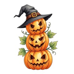 Stack of three carved pumpkins wearing a witch hat no logo use