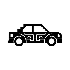 Obraz premium Black glyph icon of a modern car with an integrated circuit board design, symbolizing automotive technology, smart vehicles, and diagnostics