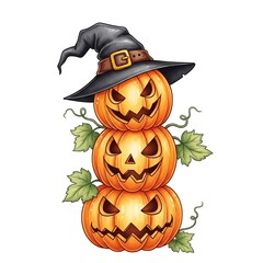 Stack of three carved pumpkins with witch hat and vines no logo use