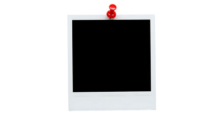 Blank instant photo frame pinned with red thumbtack empty memory card placeholder for customization.